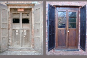 Entry doors to the Gambling Hall (Before, left, and after restoration, left. Photos by